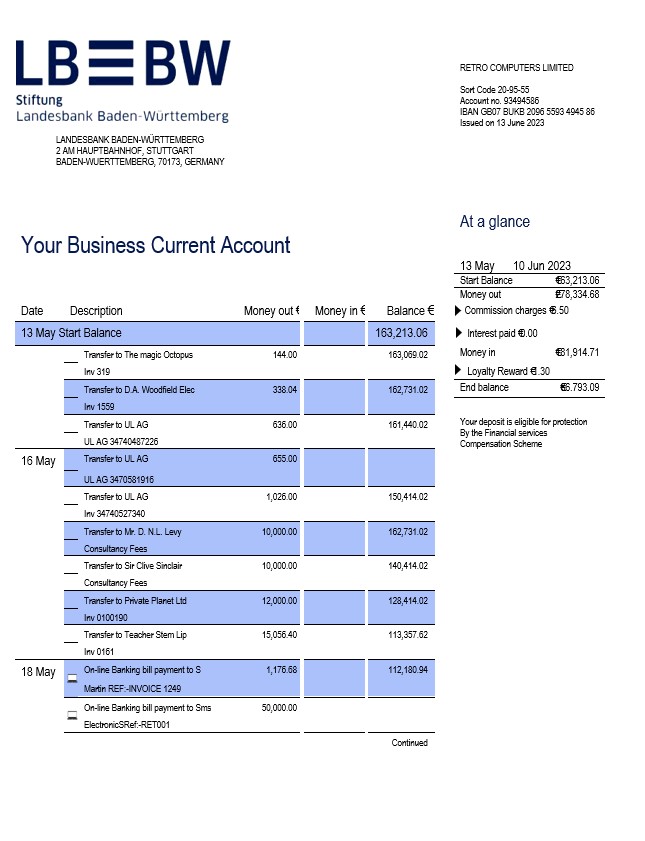 Modèle Word et PDF de relevé de compte d'entreprise de la Landesbank Baden Württemberg